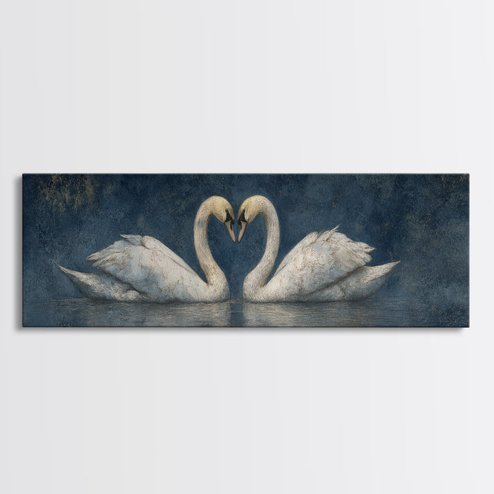 Two Swans Forming a Heart on Dark Framed Canvas Print, Wedding Art, Custom Portrait, Living Room Decor, Fine Art, Romance, WED-3x1-18