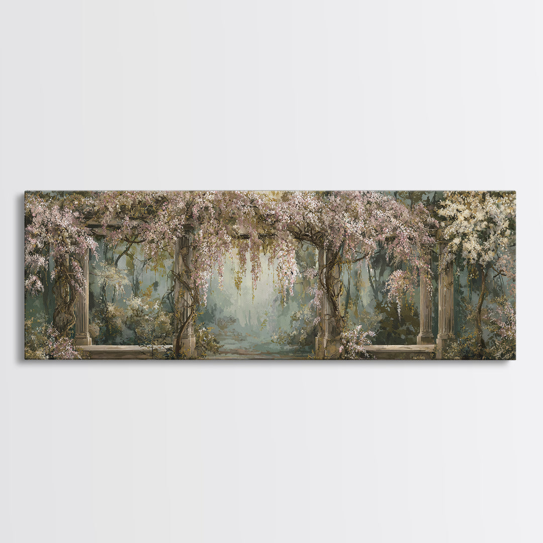Romantic Garden Arch Covered Framed Canvas Print, Wedding Art, Art, Living Room Decor, Watercolor Art, Romance, WED-3x1-2