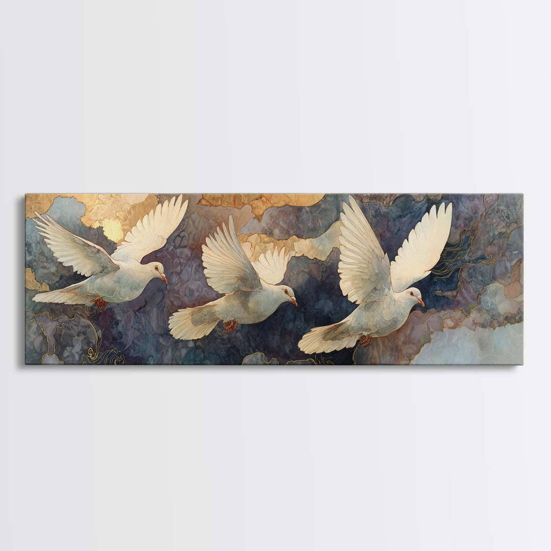 Doves Flying Through Soft Golden Light Framed Canvas Print, Wedding Art, Neutral Decor, Living Room Decor, Fine Art, Romance, WED-3x1-27