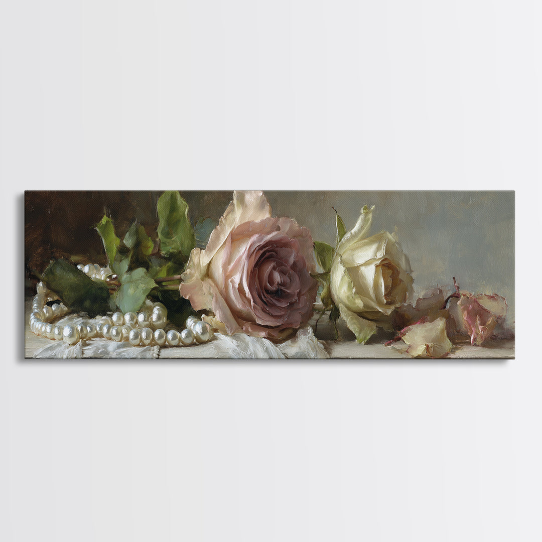 Pearl Necklace and Rose Still Life Framed Canvas Print, Wedding Art, Wedding Painting, Living Room Decor, Oil Painting, Romance, WED-3x1-28