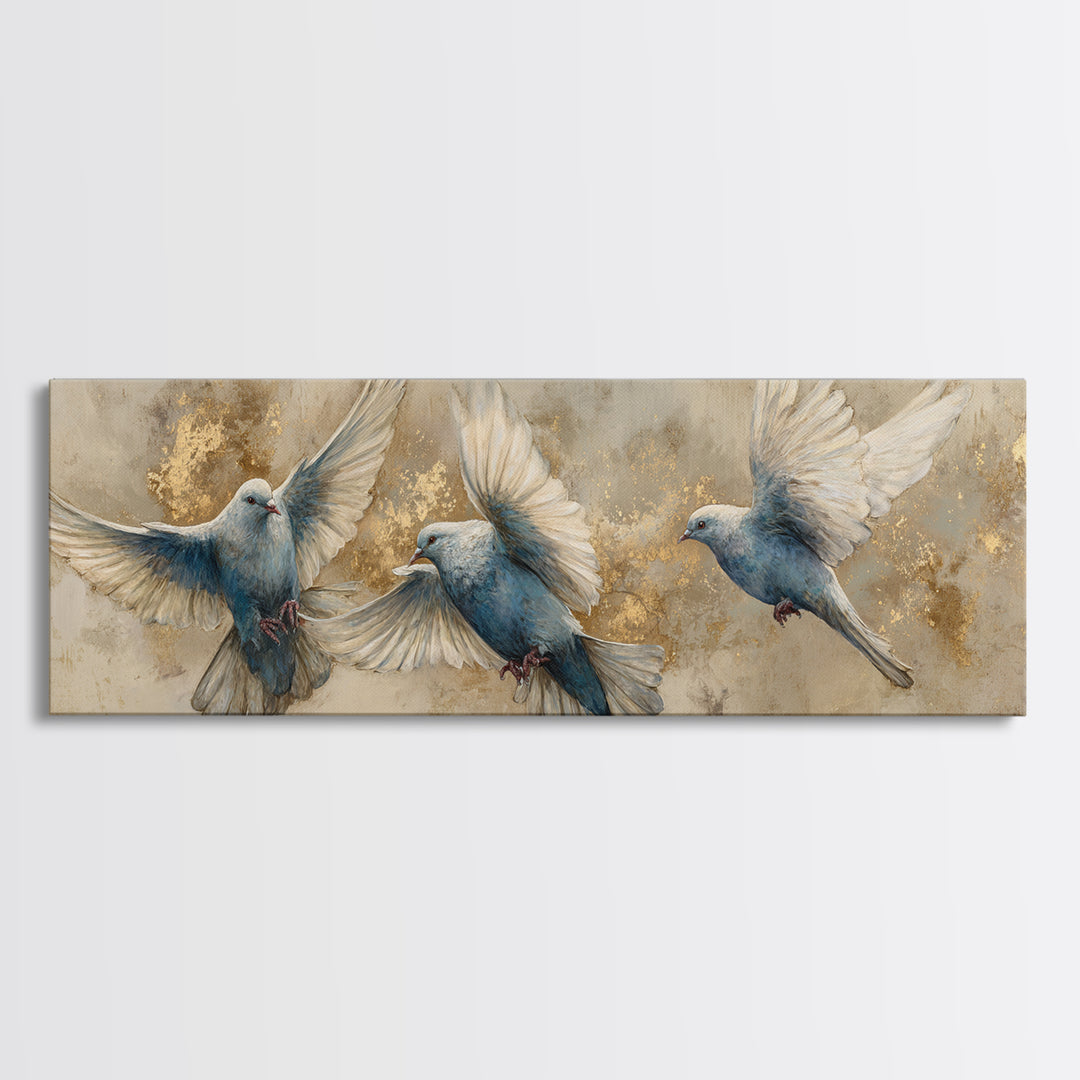 Doves Flying Through Soft Golden Light Canvas Print, Wedding Art, Personalized Wedding, Living Room Decor, Fine Art, Romance, WED-3x1-3