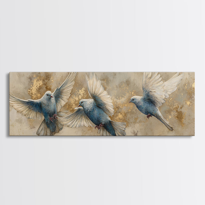 Doves Flying Through Soft Golden Light Canvas Print, Wedding Art, Personalized Wedding, Living Room Decor, Fine Art, Romance, WED-3x1-3