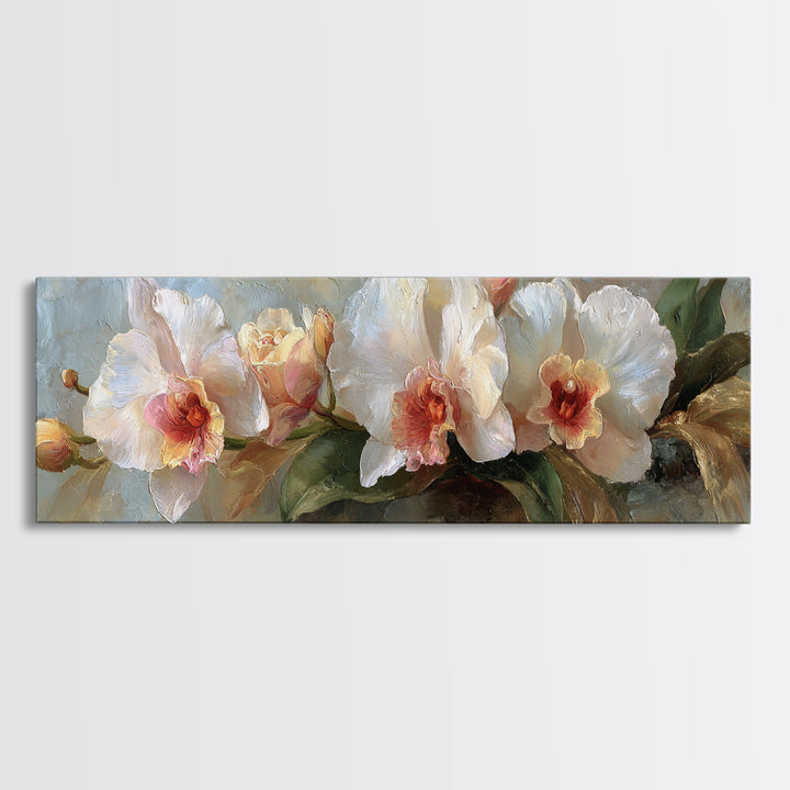 White Orchid and Gold Ribbon Composition Canvas Print, Wedding Art, Wedding Stationery, Living Room Decor, Fine Art, Romance, WED-3x1-40