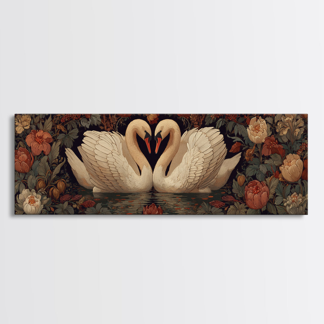 Two Swans Forming a Heart on Dark Canvas Print, Wedding Art, Printable Art, Living Room Decor, Fine Art, Romance, Beach Wedding, WED-3x1-42