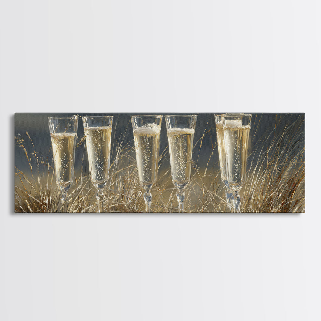 Champagne Glasses with Delicate Sparkle Canvas Print, Wedding Art, Custom Painting, Living Room Decor, Fine Art, Romance, WED-3x1-46