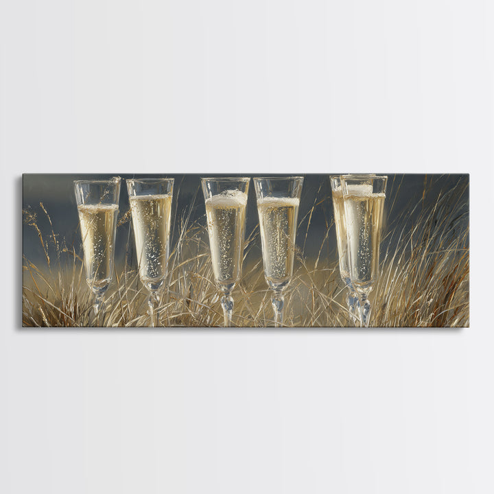 Champagne Glasses with Delicate Sparkle Canvas Print, Wedding Art, Custom Painting, Living Room Decor, Fine Art, Romance, WED-3x1-46