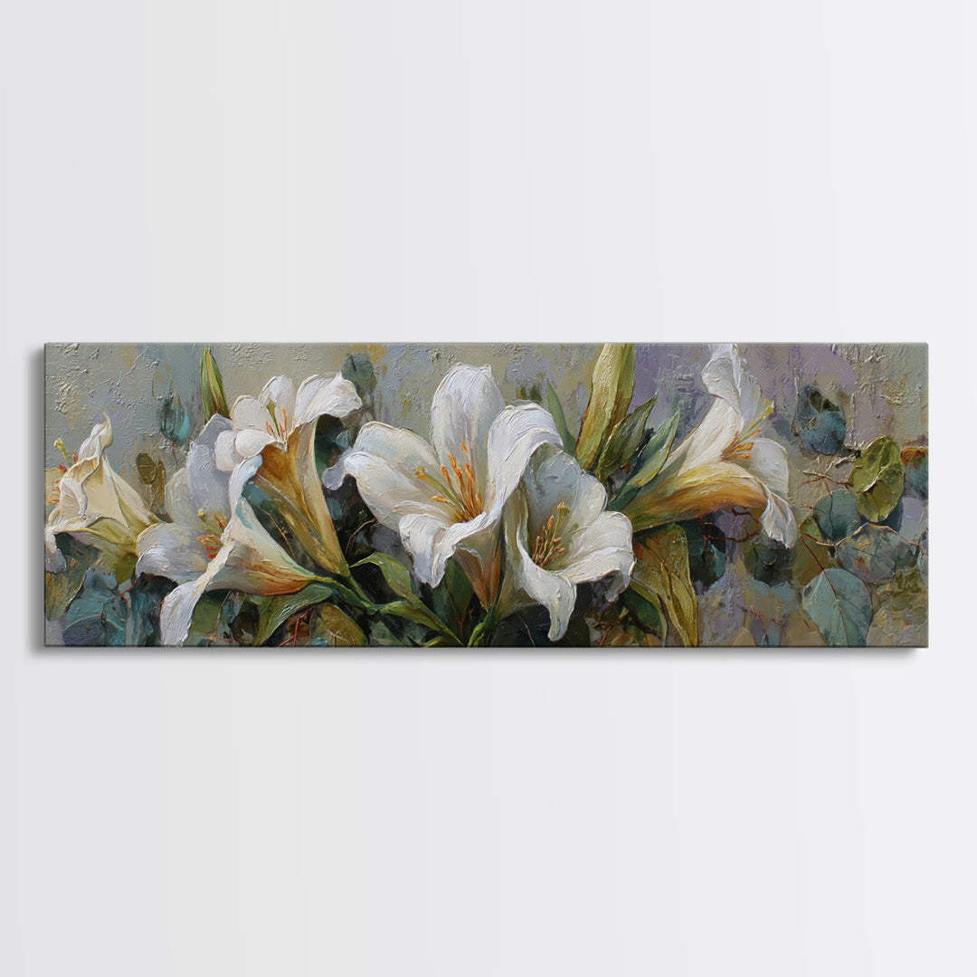 White Lilies and Eucalyptus Arrangement Canvas Print, Wedding Art, Custom Wedding Gift, Living Room Decor, Abstract Art, WED-3x1-49