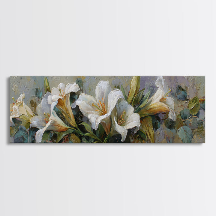 White Lilies and Eucalyptus Arrangement Canvas Print, Wedding Art, Custom Wedding Gift, Living Room Decor, Abstract Art, WED-3x1-49