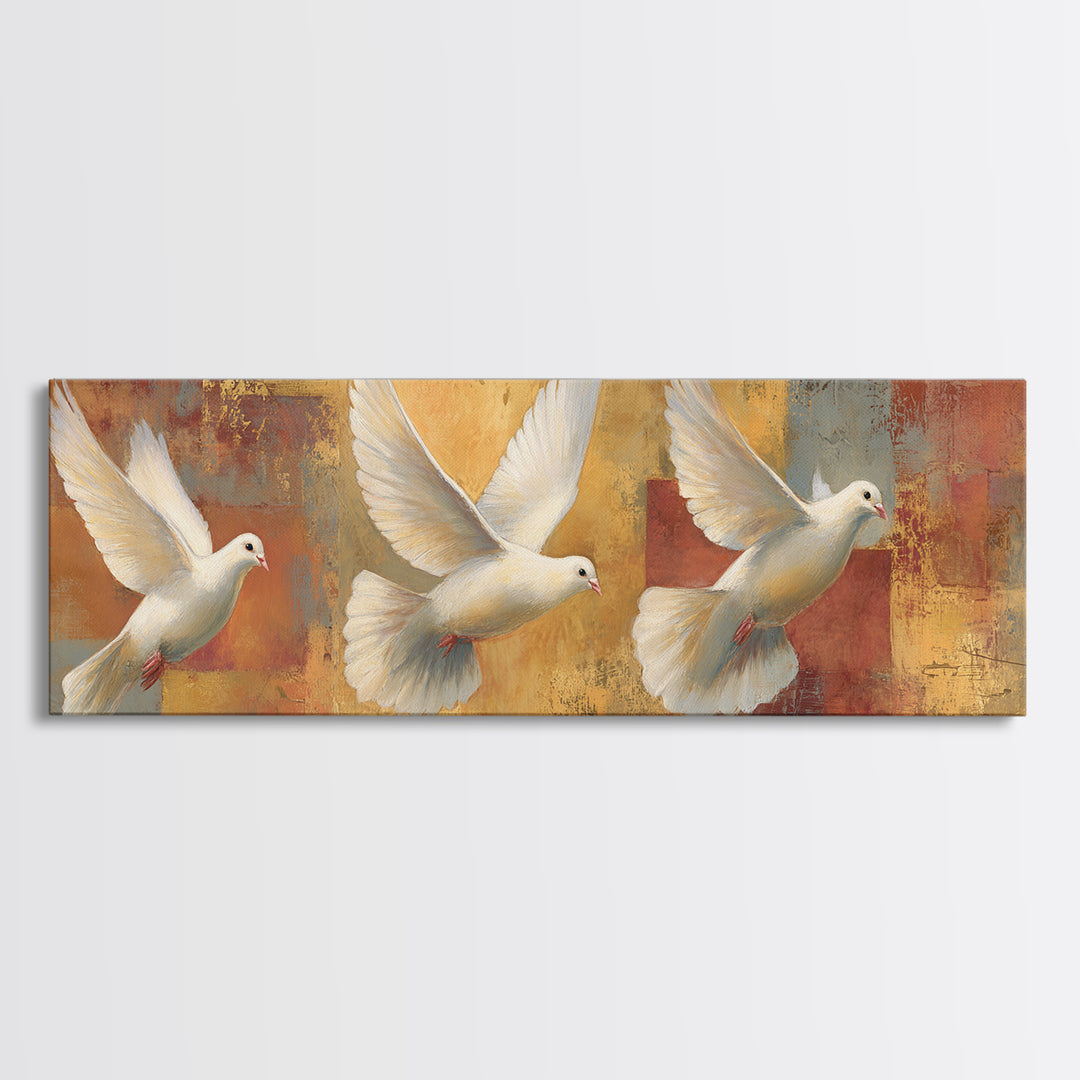 Doves Flying Through Soft Golden Light Framed Canvas Print, Wedding Art, Art, Living Room Decor, Romance, Custom Wedding Gift, WED-3x1-51