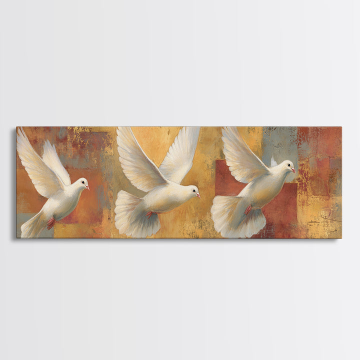 Doves Flying Through Soft Golden Light Framed Canvas Print, Wedding Art, Art, Living Room Decor, Romance, Custom Wedding Gift, WED-3x1-51