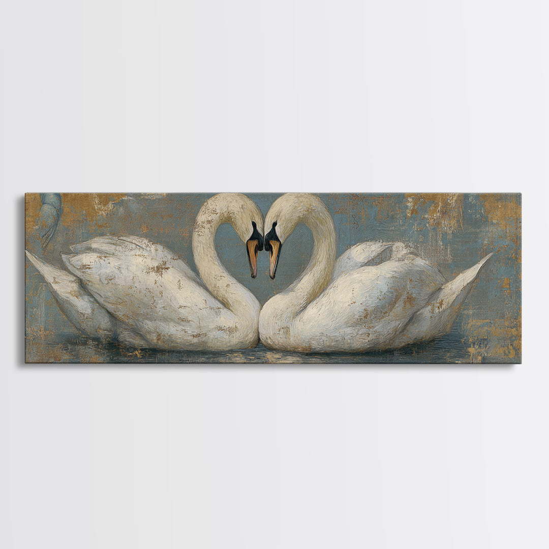 Two Swans Forming a Heart on Dark Canvas Print, Wedding Art, Printable Art, Living Room Decor, Fine Art, Romance, Beach Wedding, WED-3x1-66