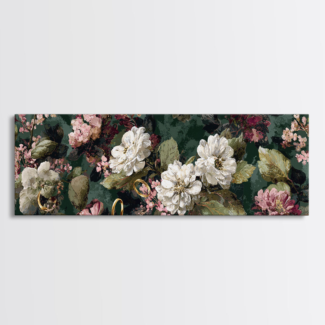 Gold Rings Resting on Velvet and Flowers Framed Canvas Print, Wedding Art, Custom Portrait, Living Room Decor, Romance, WED-3x1-67