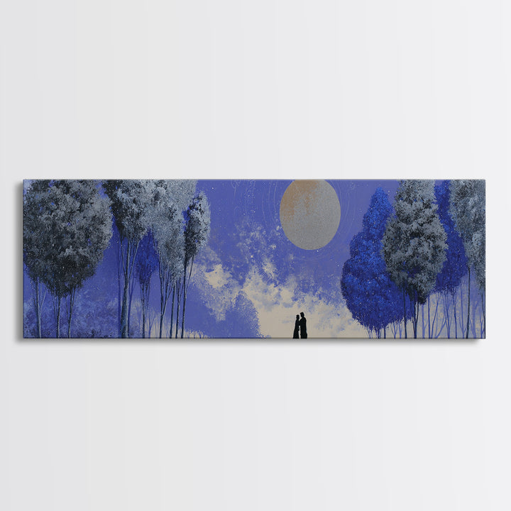 Couple Silhouette Beneath Moonlit Trees Framed Canvas Print, Wedding Art, Downloadable Art, Living Room Decor, Romance, WED-3x1-69