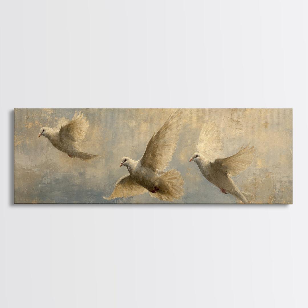 Doves Flying Through Soft Golden Light Canvas Print, Wedding Art, Wedding Guest Book, Living Room Decor, Fine Art, Romance, WED-3x1-75