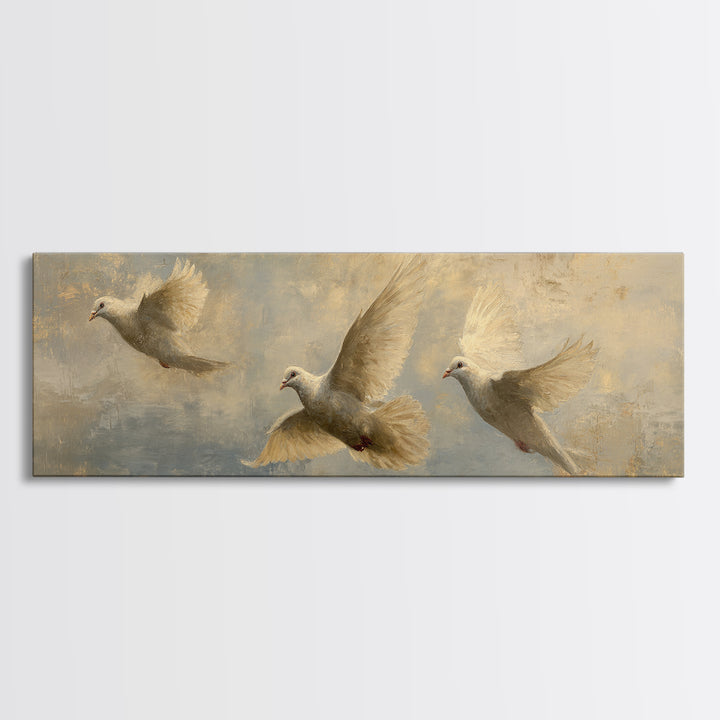 Doves Flying Through Soft Golden Light Canvas Print, Wedding Art, Wedding Guest Book, Living Room Decor, Fine Art, Romance, WED-3x1-75