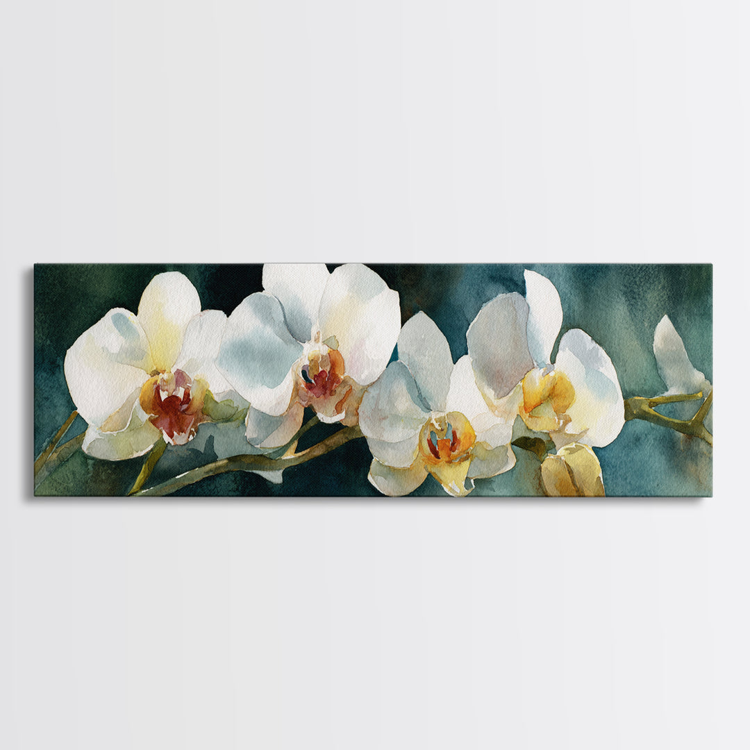 White Orchid and Gold Ribbon Composition Canvas Print, Wedding Art, Textured Painting, Living Room Decor, Oil Painting, Romance, WED-3x1-88