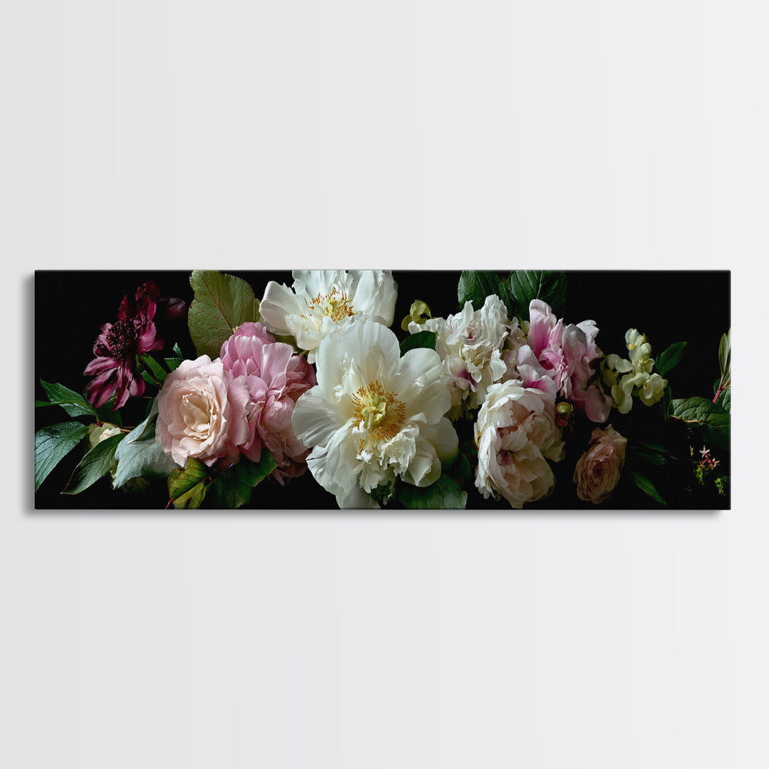 Romantic Bouquet of White Roses and Peonies Framed Canvas Print, Wedding Art, Beach Wedding, Living Room Decor, Oil Painting, WED-3x1-89