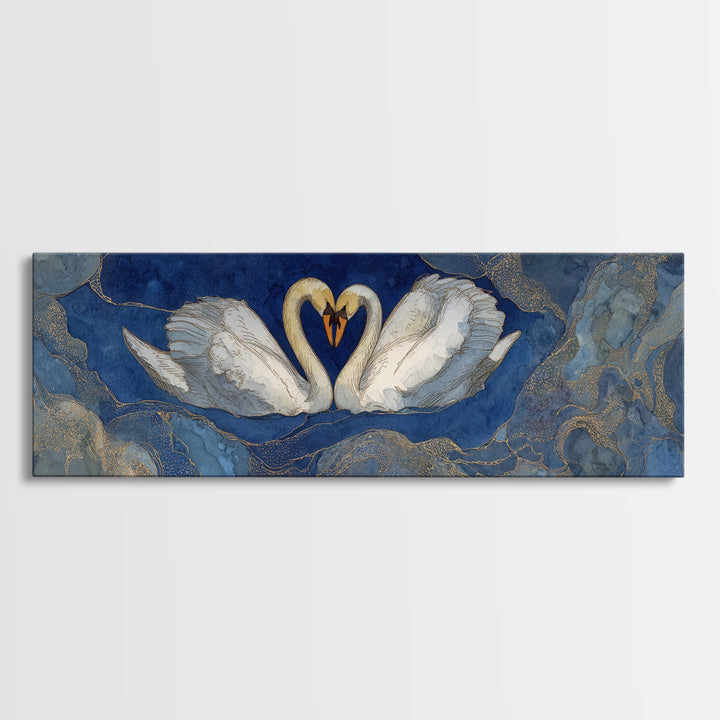 Two Swans Forming a Heart on Dark Framed Canvas Print, Wedding Art, Jewish Art, Living Room Decor, Fine Art, Romance, WED-3x1-90
