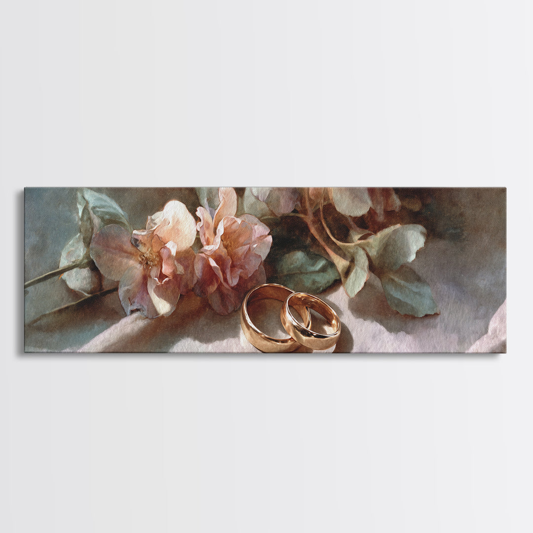 Gold Rings Resting on Velvet and Flowers Canvas Print, Wedding Art, Wedding Stationery, Living Room Decor, Fine Art, Romance, WED-3x1-91
