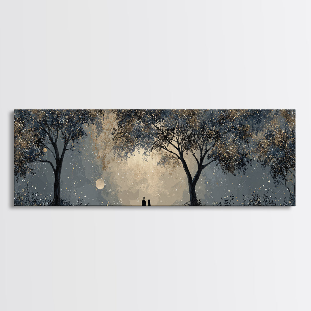 Couple Silhouette Beneath Moonlit Trees Canvas Print, Wedding Art, Wedding Reception, Living Room Decor, Fine Art, Romance, WED-3x1-93
