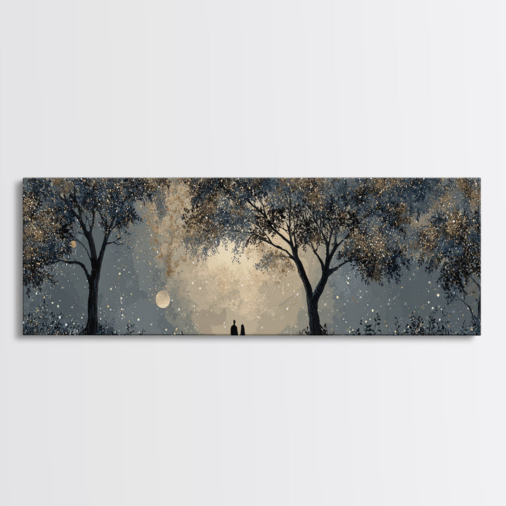 Couple Silhouette Beneath Moonlit Trees Canvas Print, Wedding Art, Wedding Reception, Living Room Decor, Fine Art, Romance, WED-3x1-93