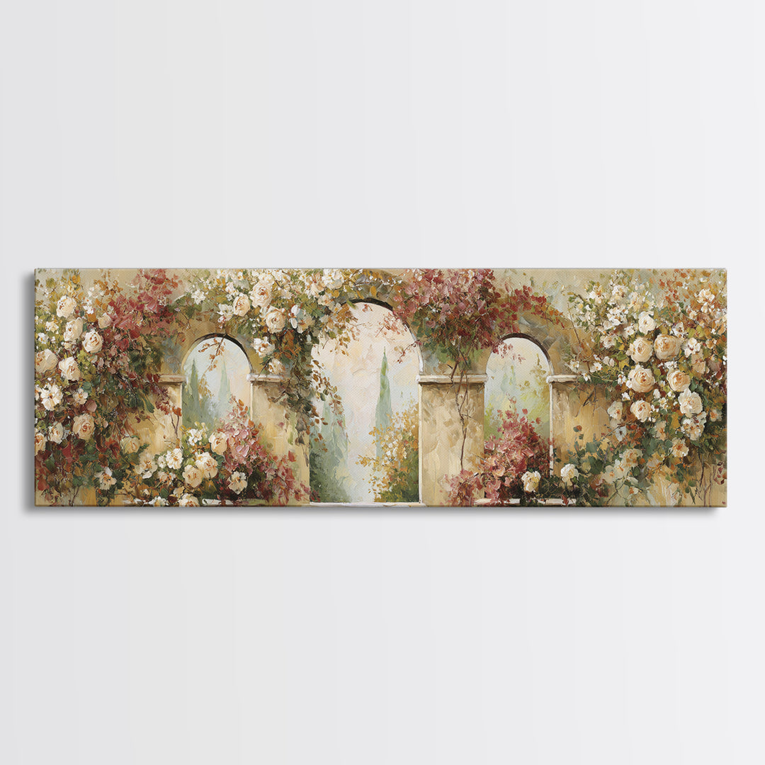 Romantic Garden Arch Covered Canvas Print, Wedding Art, Downloadable Art, Living Room Decor, Oil Painting, Romance, WED-3x1-98