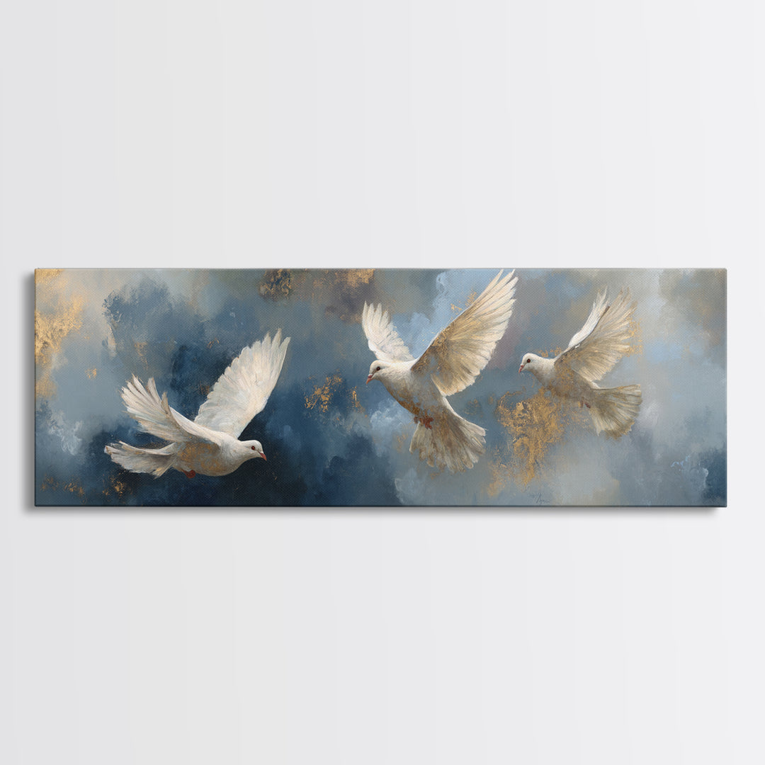 Doves Flying Through Soft Golden Light Framed Canvas Print, Wedding Art, Gallery Decor, Living Room Decor, Fine Art, Romance, WED-3x1-99