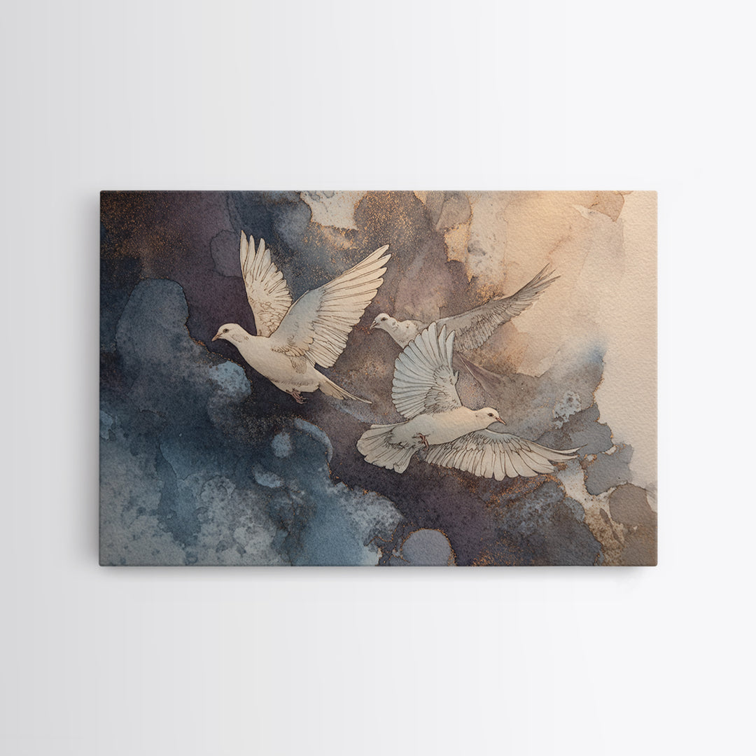 Doves Flying Through Soft Golden Light Framed Canvas Print, Wedding Art, Minimalist Decor, Living Room Decor, Fine Art, Romance, WED-3x2-15