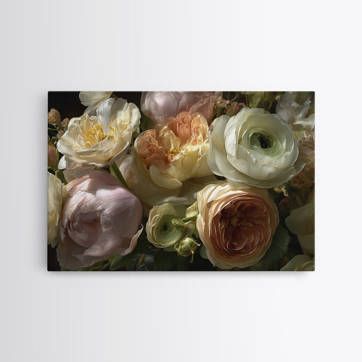 Peony and Ranunculus Bouquet Framed Canvas Print, Wedding Art, Wedding Guest Book, Living Room Decor, Fine Art, Romance, WED-3x2-24