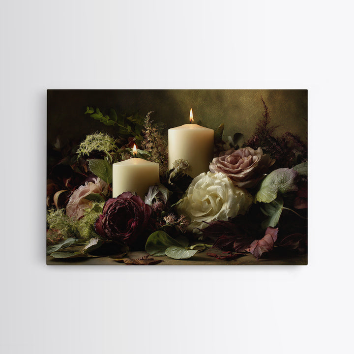 Romantic Candle and Floral Still Life Canvas Print, Wedding Art, Custom Portrait, Living Room Decor, Fine Art, Romance, WED-3x2-26