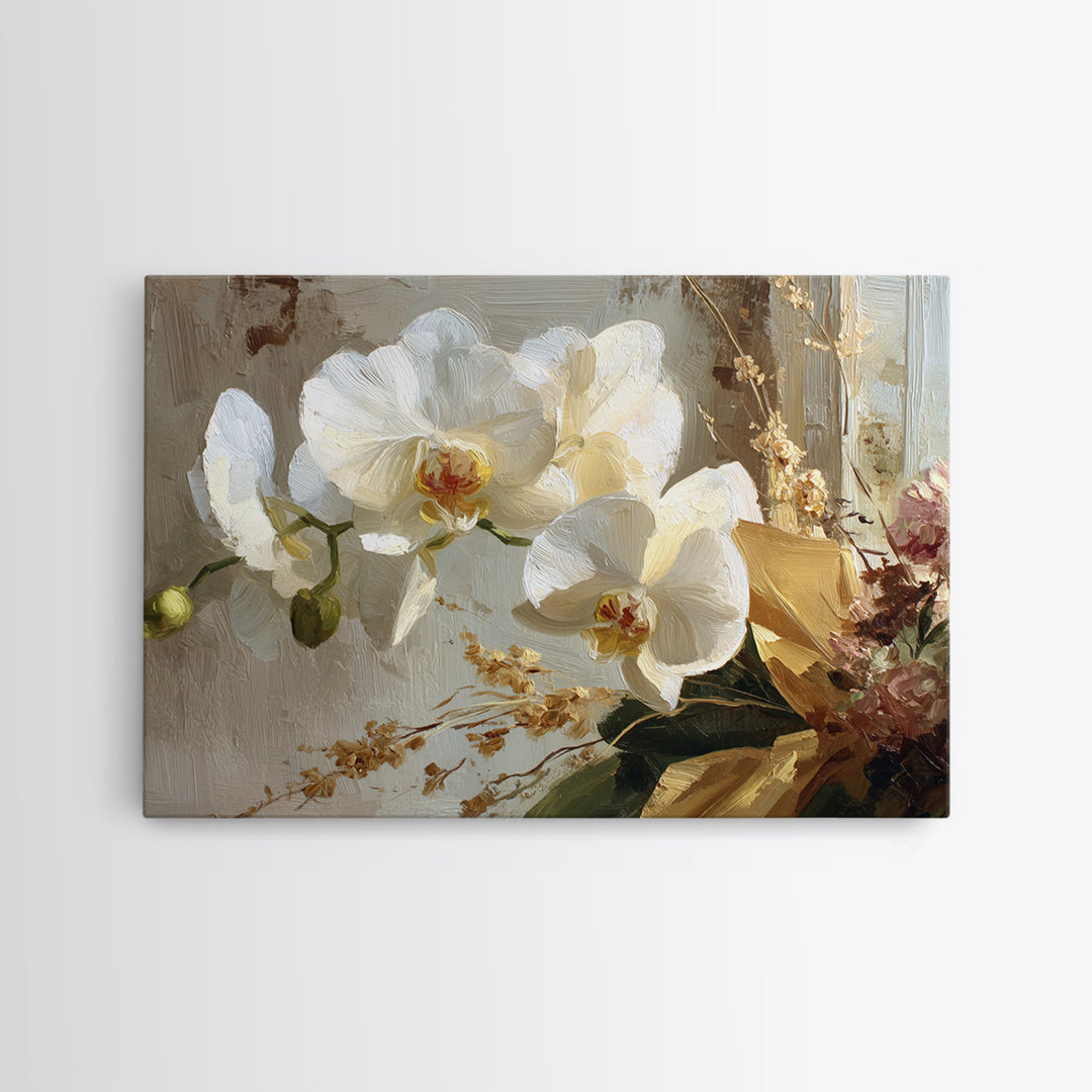 White Orchid and Gold Ribbon Composition Framed Canvas Print, Wedding Art, Wedding, Living Room Decor, Fine Art, Romance, WED-3x2-28