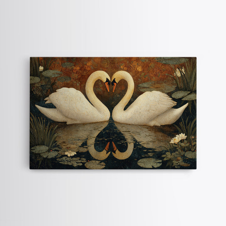 Two Swans Forming a Heart on Dark Canvas Print, Wedding Art, Custom Painting, Living Room Decor, Romance, Wedding Reception, WED-3x2-30