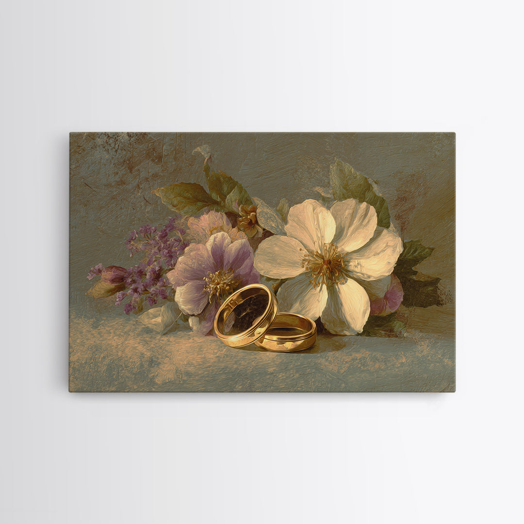 Gold Rings Resting on Velvet and Flowers Framed Canvas Print, Wedding Art, Wedding Guestbook, Living Room Decor, Romance, WED-3x2-31