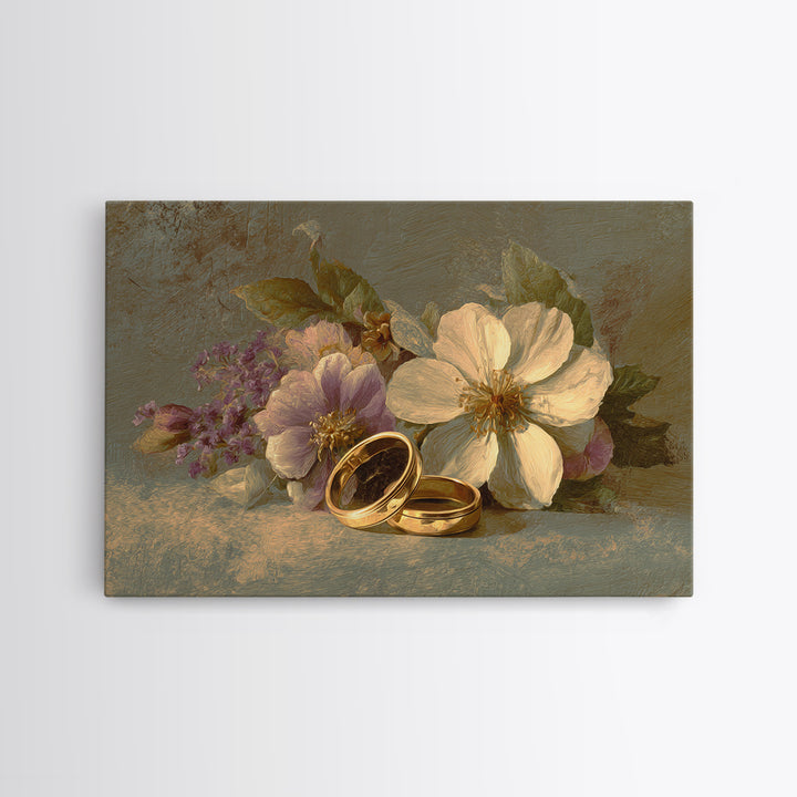 Gold Rings Resting on Velvet and Flowers Framed Canvas Print, Wedding Art, Wedding Guestbook, Living Room Decor, Romance, WED-3x2-31