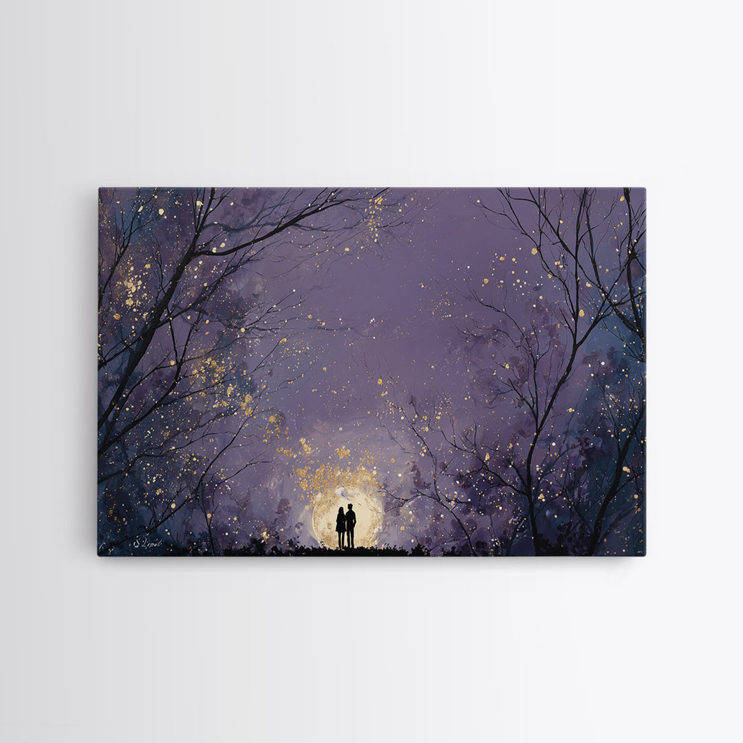 Couple Silhouette Beneath Moonlit Trees Canvas Print, Wedding Art, Custom Wedding Gift, Living Room Decor, Fine Art, Romance, WED-3x2-33