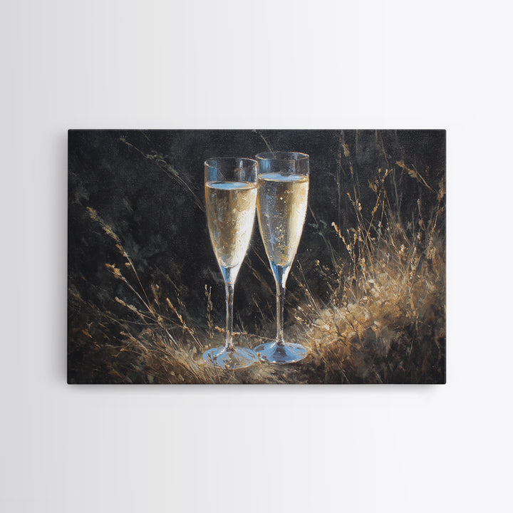 Champagne Glasses with Delicate Sparkle Canvas Print, Wedding Art, Custom Art, Living Room Decor, Watercolor Art, Romance, WED-3x2-34