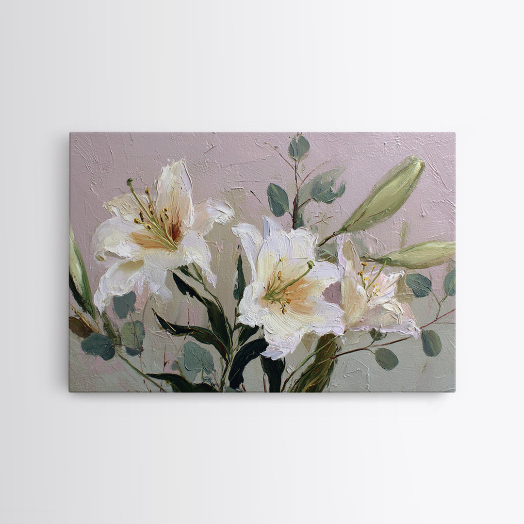 White Lilies and Eucalyptus Arrangement Canvas Print, Wedding Art, Wedding Guestbook, Living Room Decor, Oil Painting, Romance, WED-3x2-37