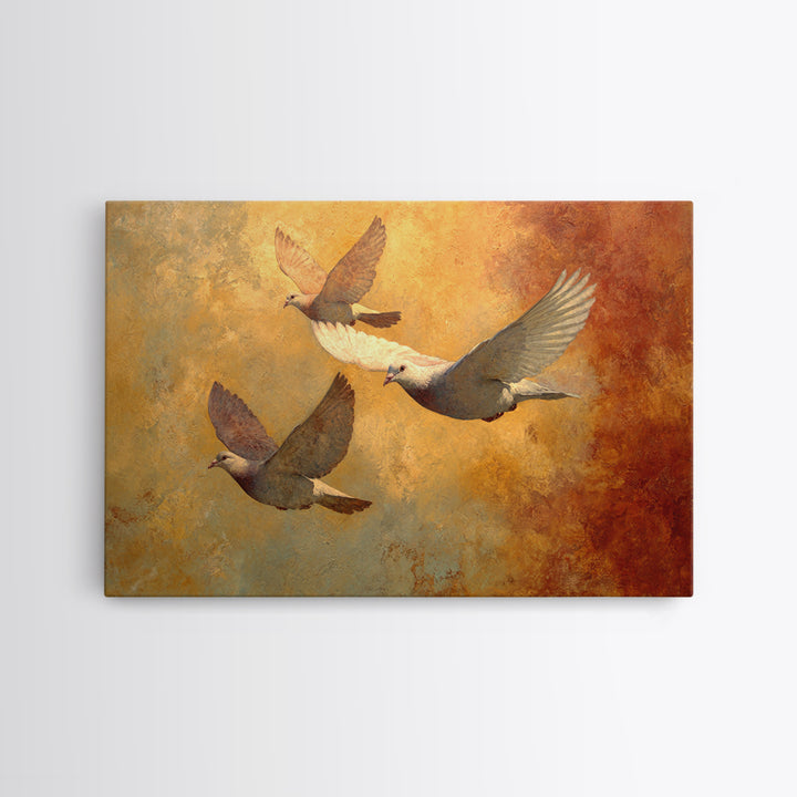 Doves Flying Through Soft Golden Light Framed Canvas Print, Wedding Art, Bride and Groom, Living Room Decor, Fine Art, Romance, WED-3x2-39