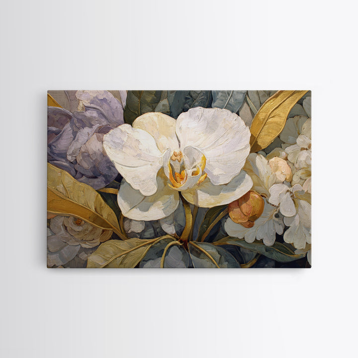 White Orchid and Gold Ribbon Composition Canvas Print, Wedding Art, Wedding Sign, Living Room Decor, Abstract Art, Romance, WED-3x2-52