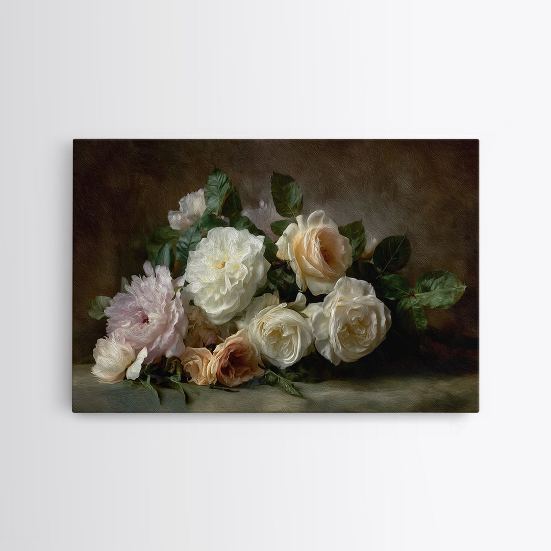 Romantic Bouquet of White Roses and Peonies Canvas Print, Wedding Art, Downloadable Art, Living Room Decor, Fine Art, Romance, WED-3x2-53