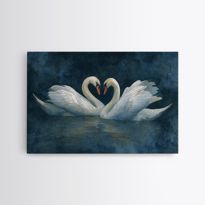 Two Swans Forming a Heart on Dark Framed Canvas Print, Wedding Art, Art Print, Living Room Decor, Romance, Downloadable Art, WED-3x2-6