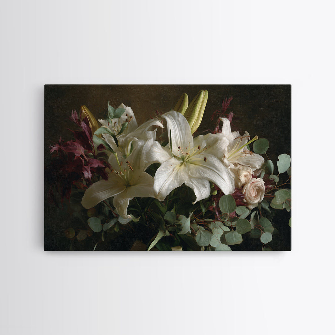 White Lilies and Eucalyptus Arrangement Canvas Print, Wedding Art, Wedding Guestbook, Living Room Decor, Oil Painting, Romance, WED-3x2-61