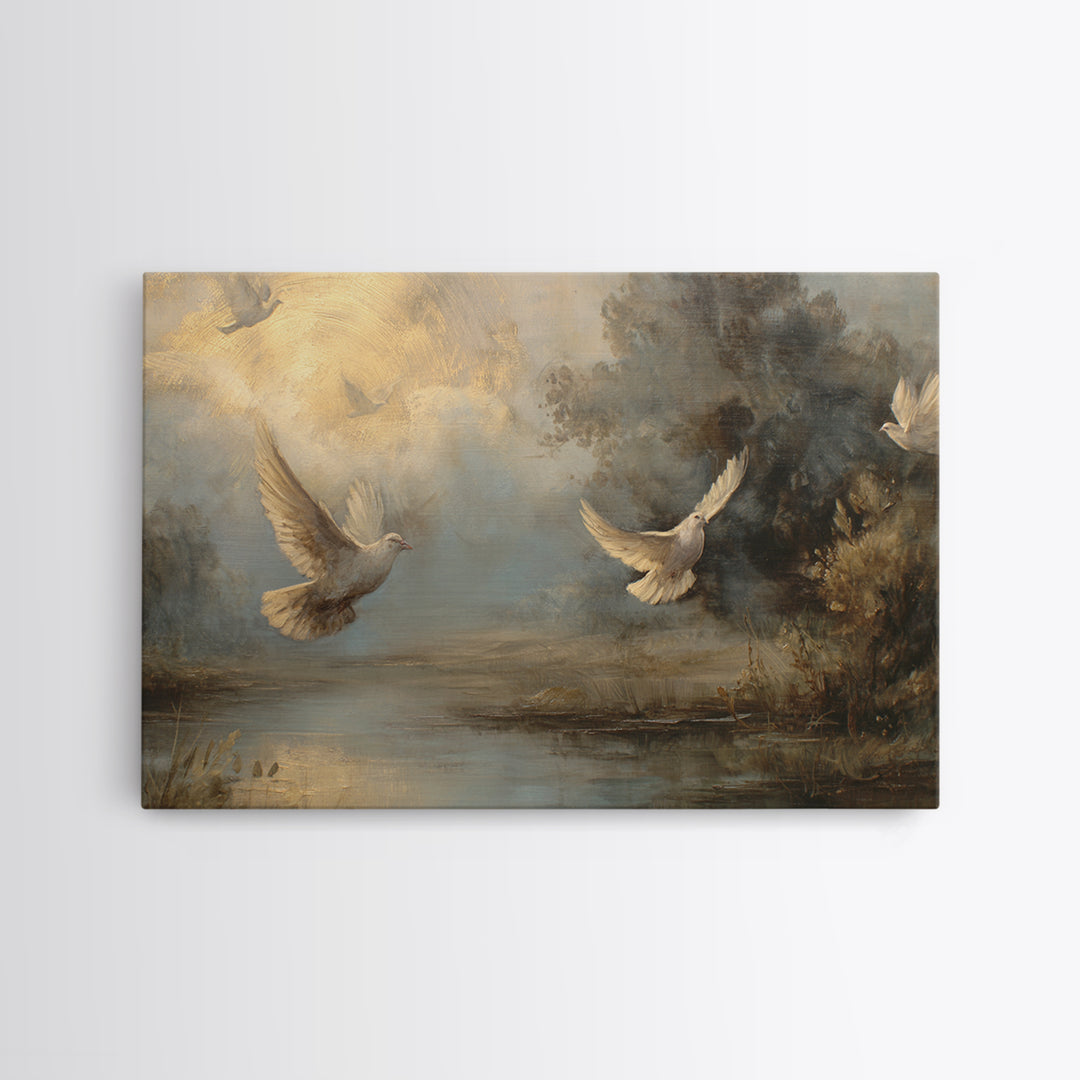 Doves Flying Through Soft Golden Light Framed Canvas Print, Wedding Art, Contemporary Art, Living Room Decor, Fine Art, Romance, WED-3x2-63