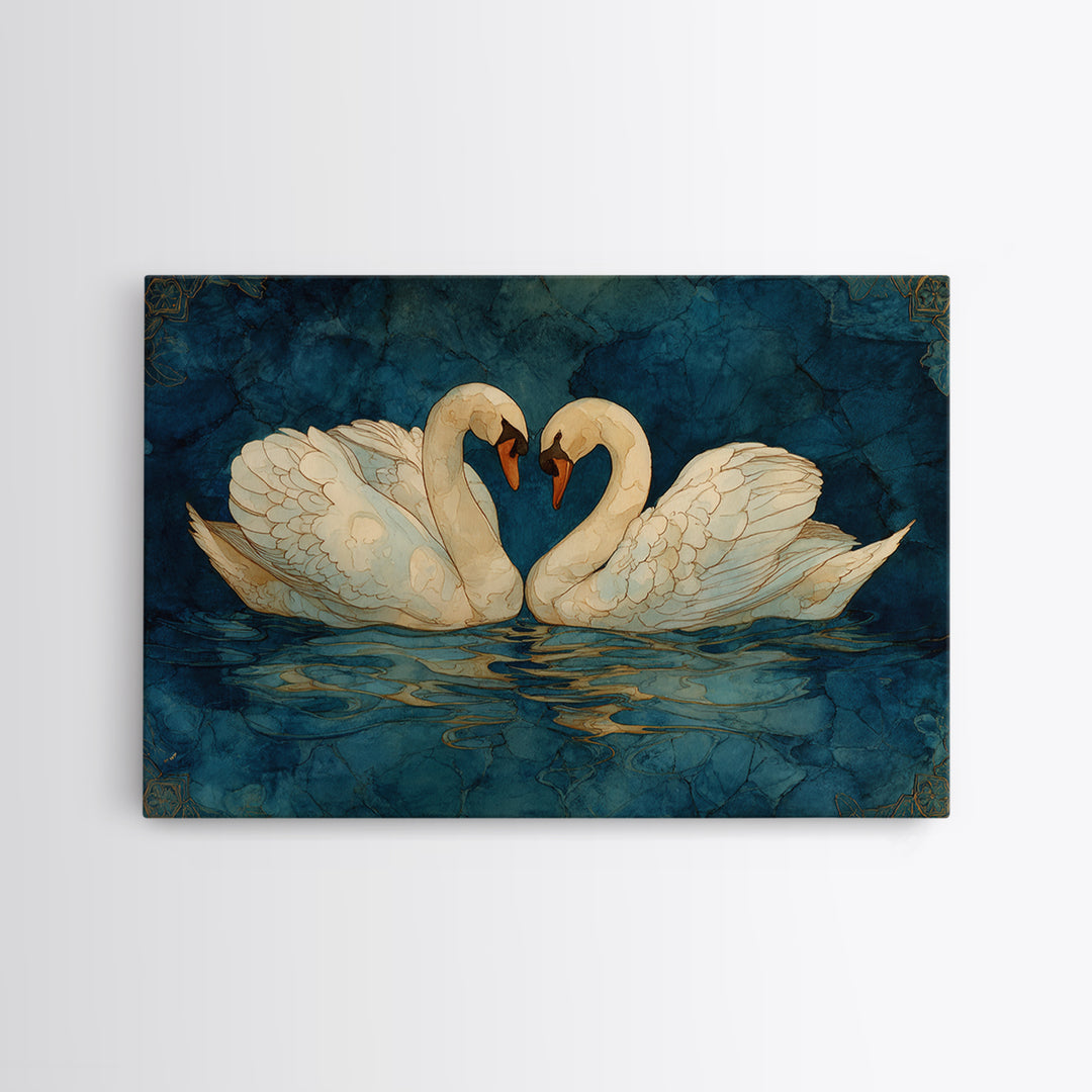 Two Swans Forming a Heart on Dark Framed Canvas Print, Wedding Art, Wedding Decoration, Living Room Decor, Fine Art, Romance, WED-3x2-78