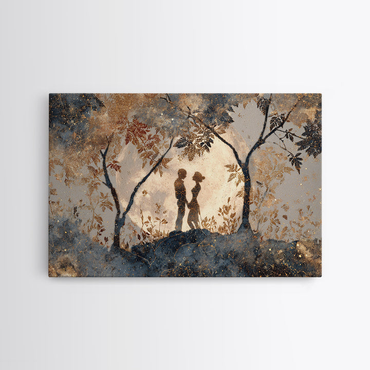 Couple Silhouette Beneath Moonlit Trees Framed Canvas Print, Wedding Art, Rustic Wedding, Living Room Decor, Fine Art, Romance, WED-3x2-81