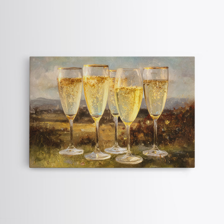 Champagne Glasses with Delicate Sparkle Framed Canvas Print, Wedding Art, Downloadable Art, Living Room Decor, Oil Painting, WED-3x2-82