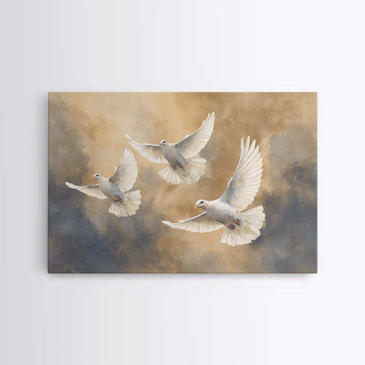 Doves Flying Through Soft Golden Light Framed Canvas Print, Wedding Art, Beach Wedding, Living Room Decor, Fine Art, Romance, WED-3x2-87