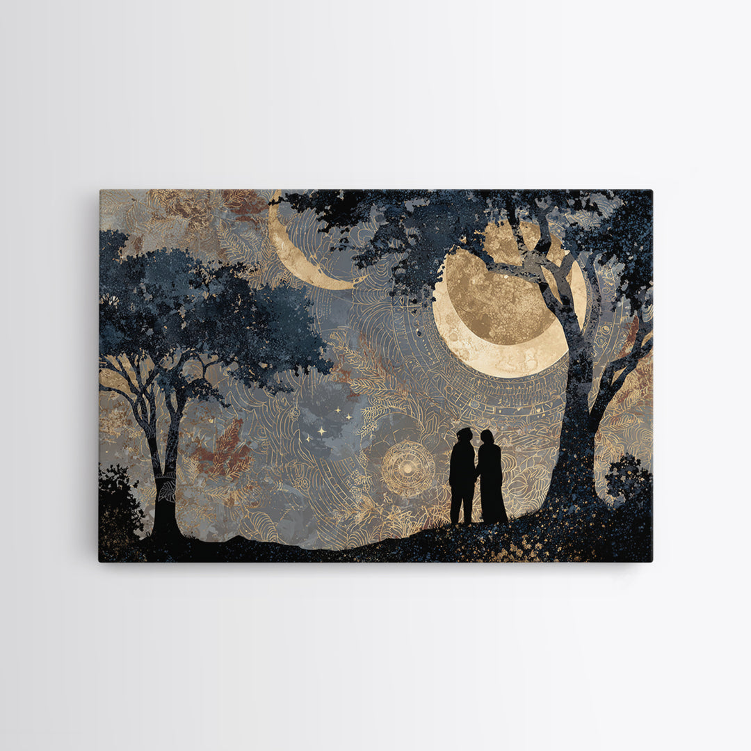 Couple Silhouette Beneath Moonlit Trees Framed Canvas Print, Wedding Art, Wedding Sign, Living Room Decor, Fine Art, Romance, WED-3x2-9