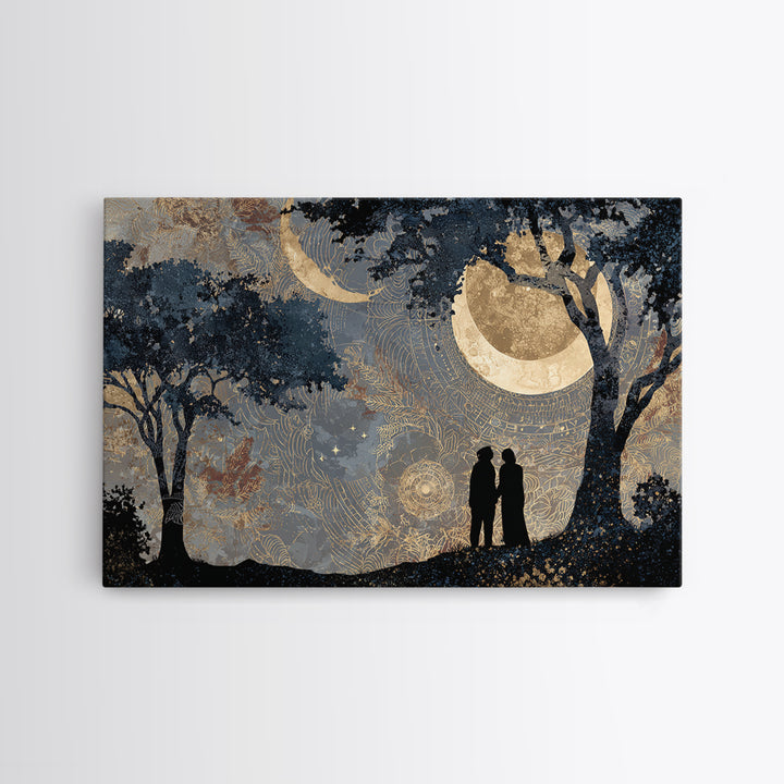 Couple Silhouette Beneath Moonlit Trees Framed Canvas Print, Wedding Art, Wedding Sign, Living Room Decor, Fine Art, Romance, WED-3x2-9