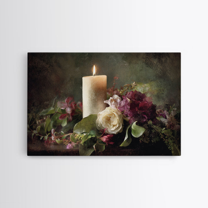 Romantic Candle and Floral Still Life Canvas Print, Wedding Art, Jewish Art, Living Room Decor, Oil Painting, Romance, WED-3x2-98